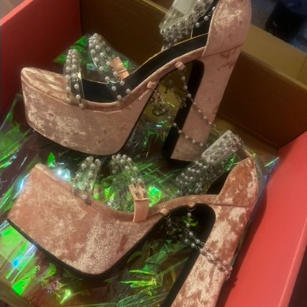 SugarThrillz holy revelation Pink Velvet Platforms with Pearl and Cross Accents
